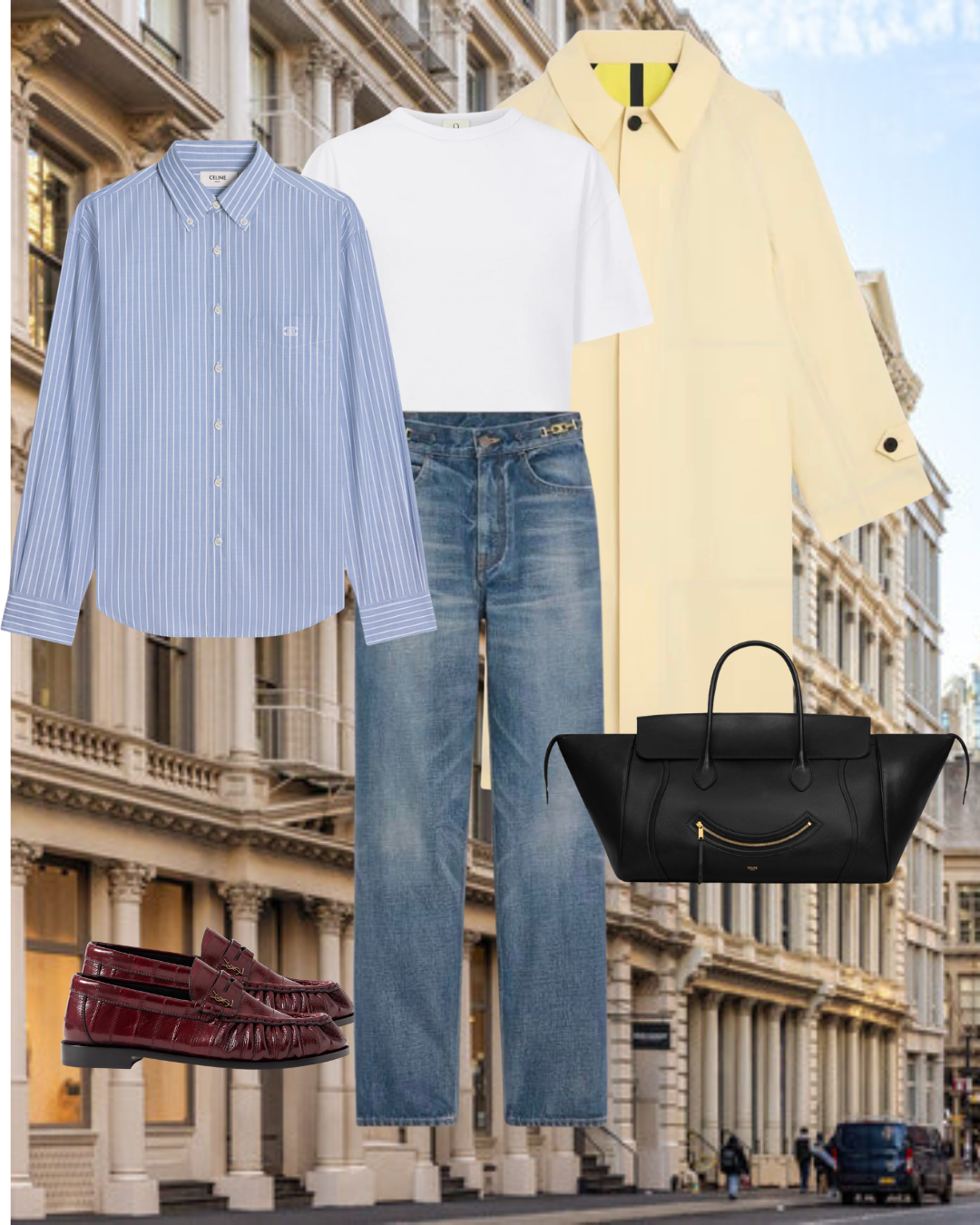 Celine striped shirt, Margaret jeans and Saint Laurent burgundy loafers