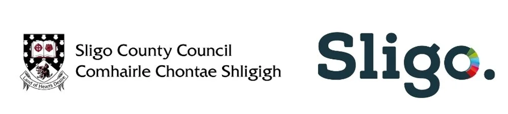 Logo of Sligo County Council with the text "Comhairle Chontae Shligigh" and a coat of arms, alongside the word "Sligo" with a multicolored circle