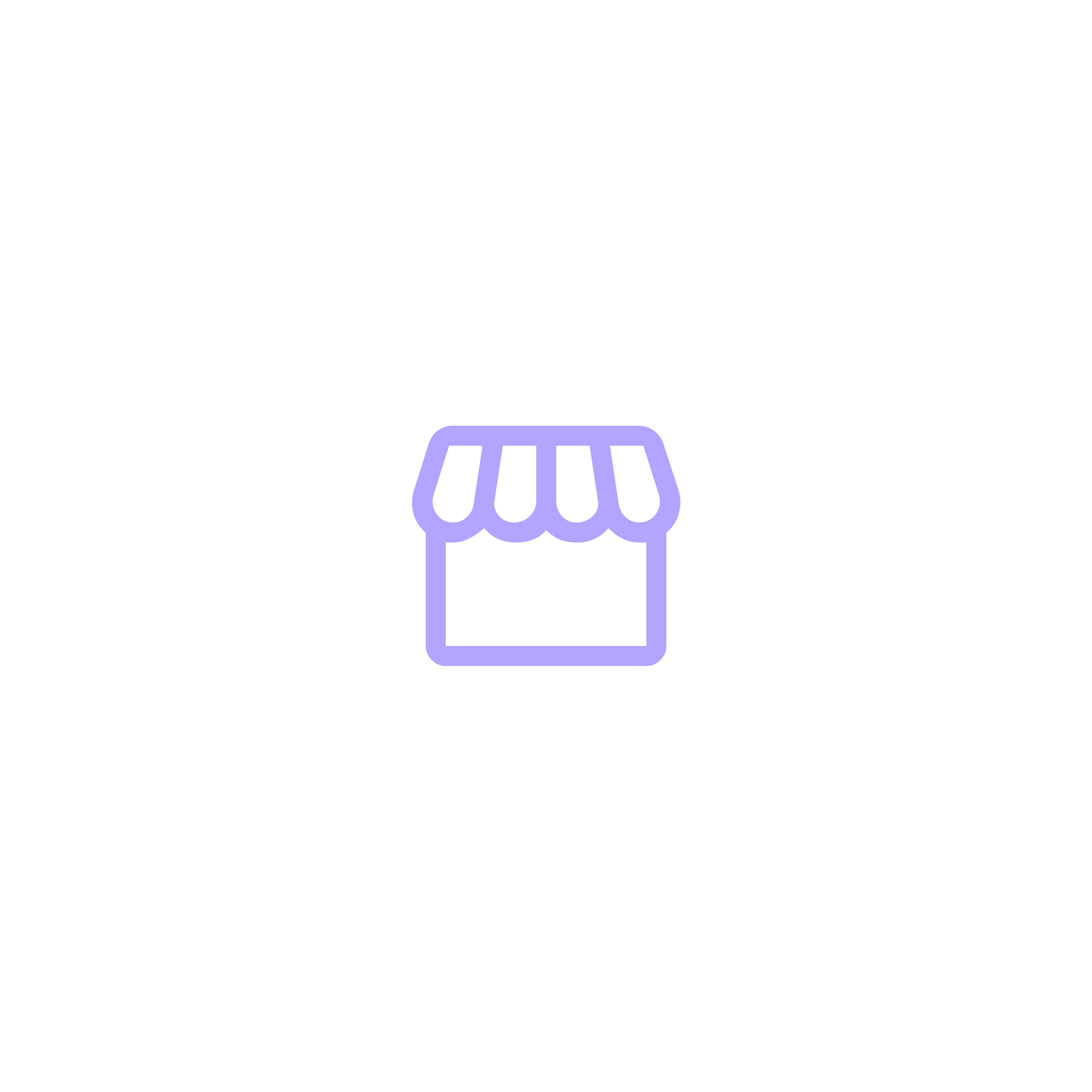 Line drawing of a small storefront with a striped awning, depicted with soft purple lines on a black background.