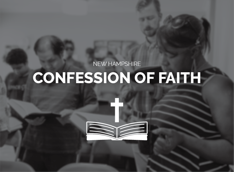 People gathered in a church, reading and singing from hymnbooks during a religious service. The text overlay reads "New Hampshire Confession of Faith".