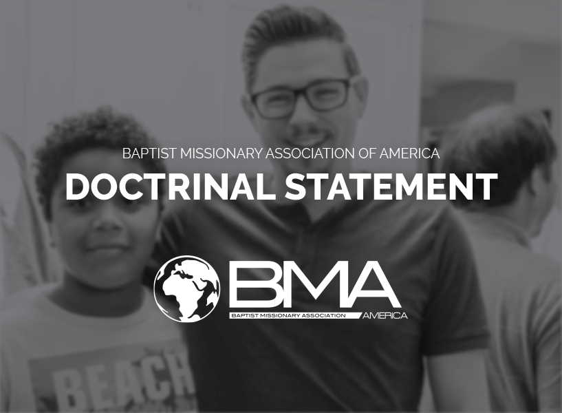 Black and white photo of a man with glasses and a young boy standing together, with a group of people in the background. The text overlay reads "Baptist Missionary Association of America Doctrinal Statement".