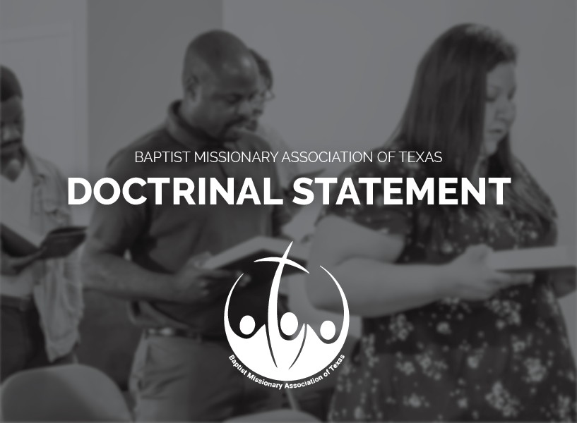 Black and white photo of people reading from hymnbooks during a church service. The text overlay reads "Baptist Missionary Association of Texas Doctrinal Statement".