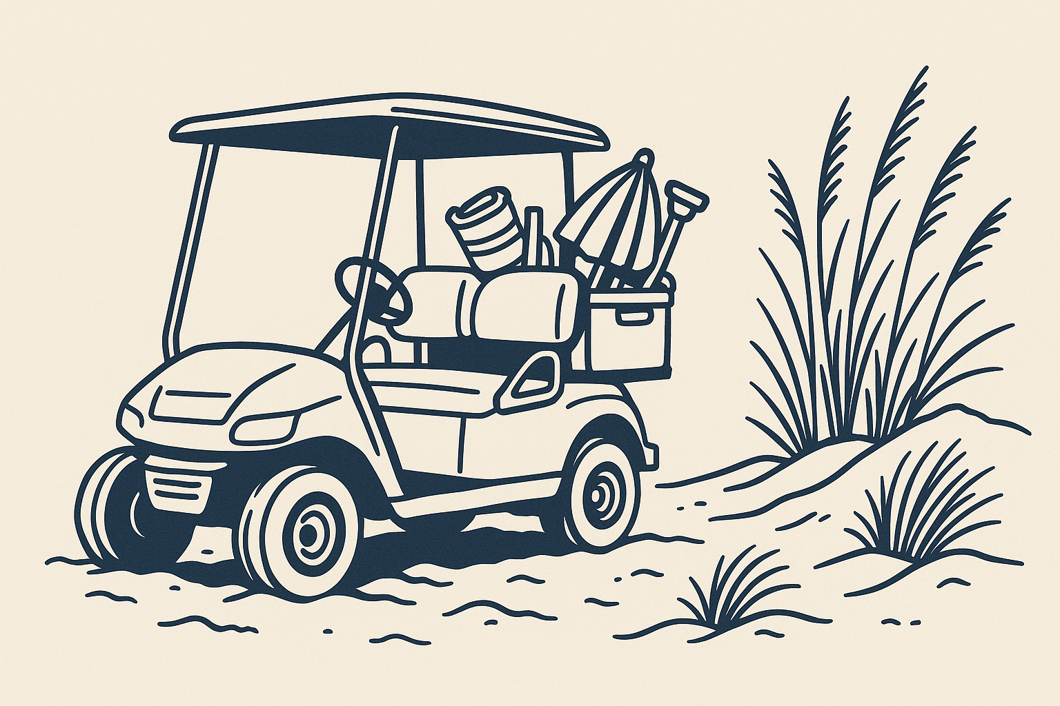 Illustration of a golf cart loaded with beach accessories, parked on a sandy path near tall grasses and plants.