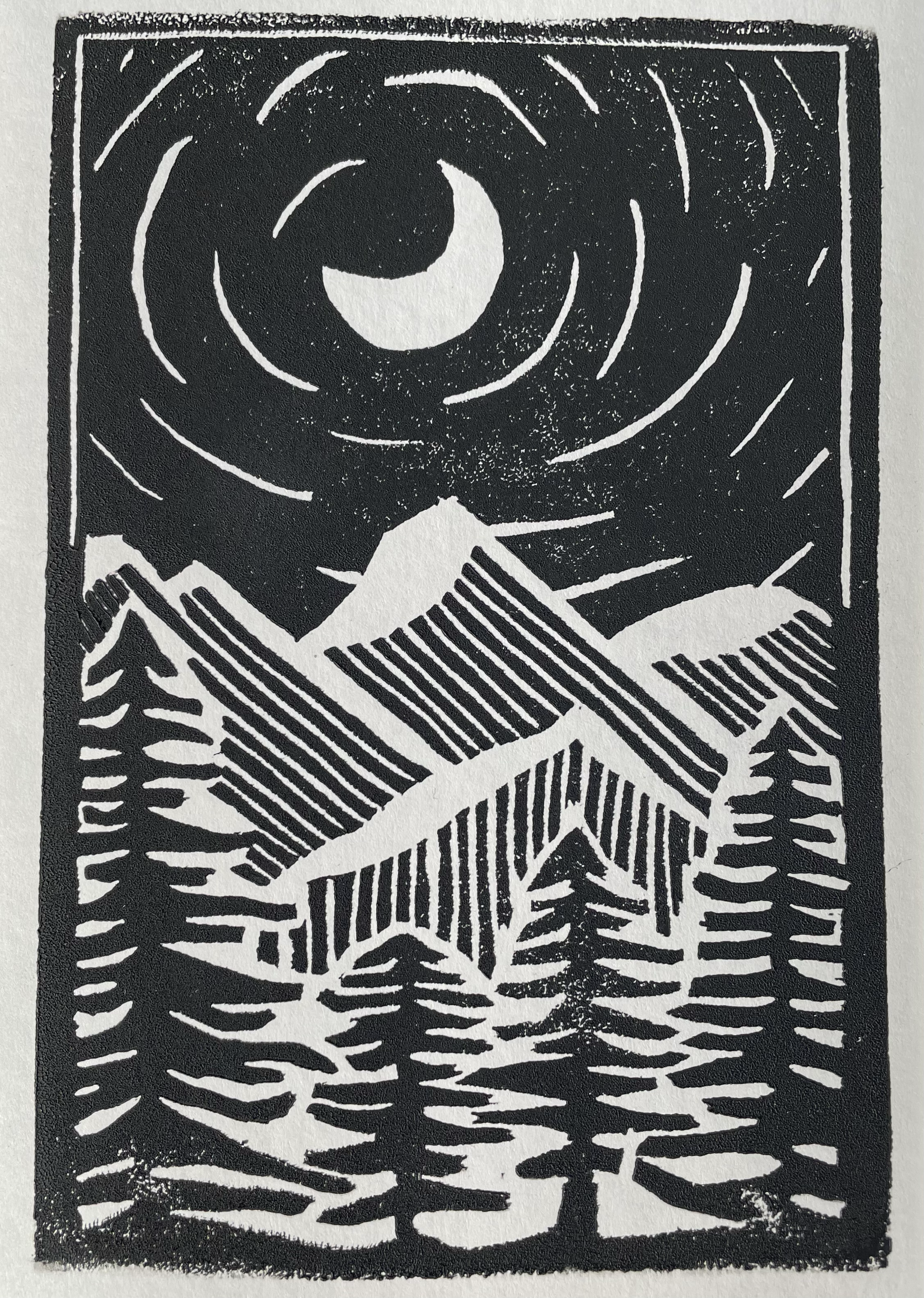 Mountain Christmas Card, lino cut, 2021