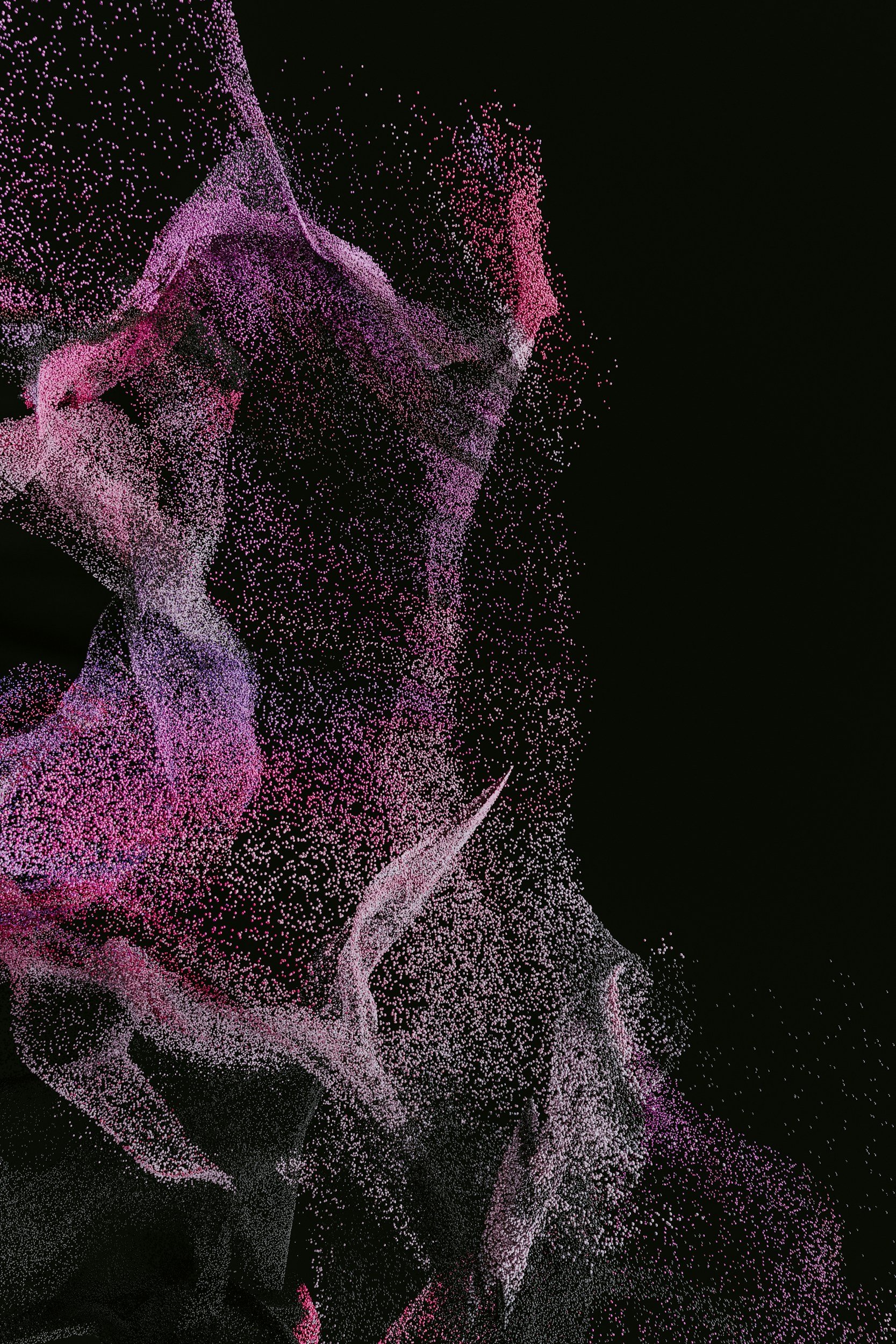 Abstract digital art featuring pink and purple particles forming the profile of a person's face and hand against a black background.