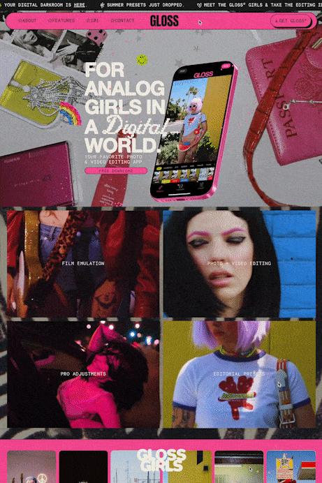 Screenshot of a mobile app called Gloss for photo and video editing aimed at teenage girls, featuring promotional images of young women with colorful and artistic makeup and outfits, with sections for features like film emulation, photo/video editing, pro adjustments, and editorial presets.