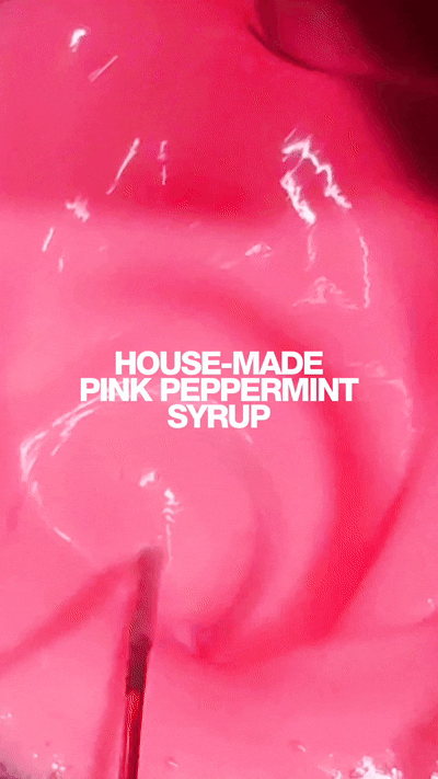 Close-up of pink peppermint syrup with white text overlay reading 'House-Made Pink Peppermint Syrup'.