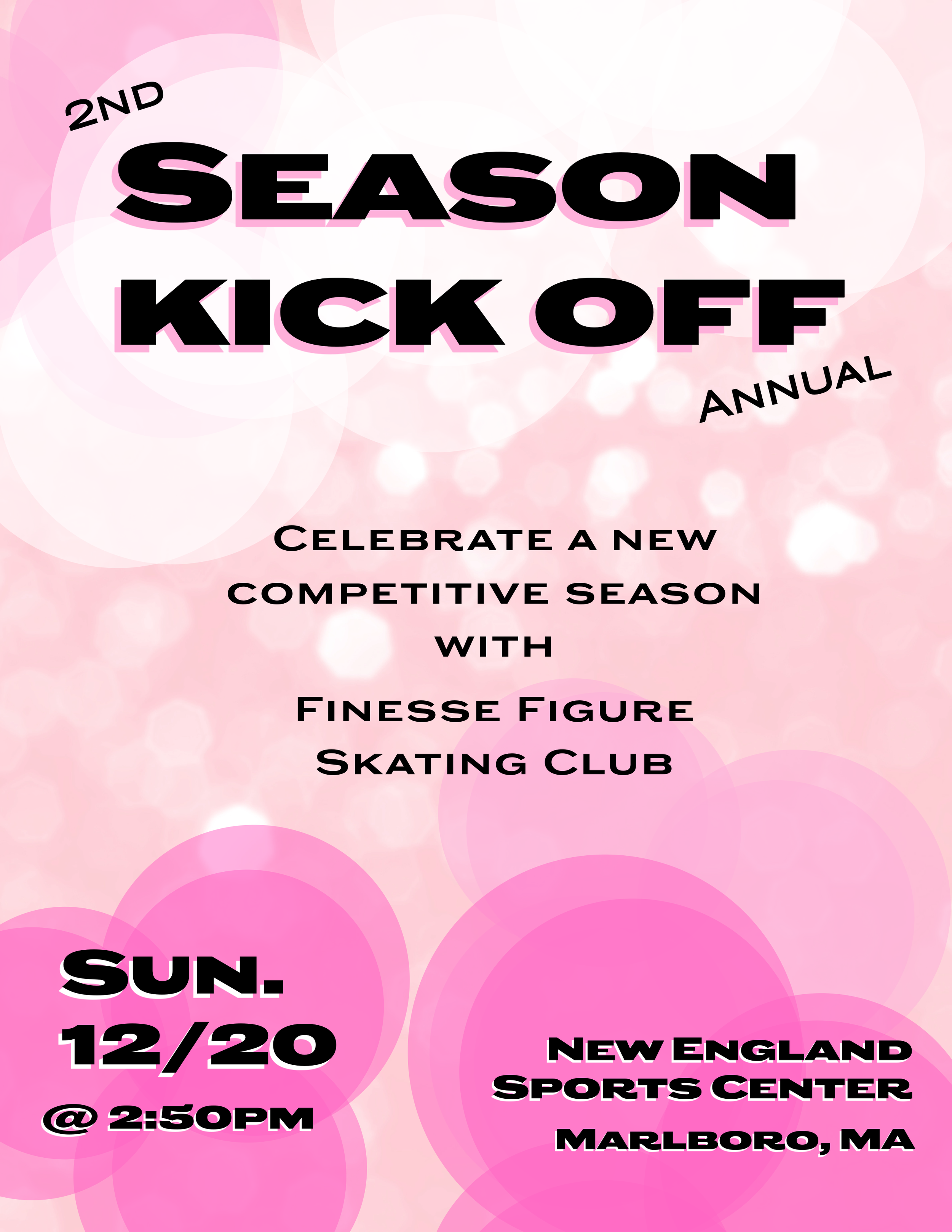 pink glitter flyer for season kick off event on 12/20 @ 2:50pm at New England Sports Center