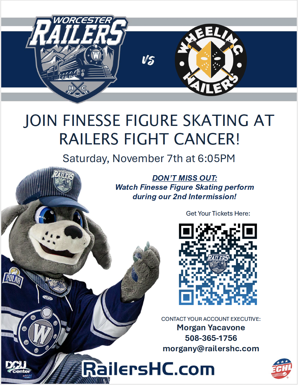 Worcester Railers mascot announcement flyer for Finesse Figure Skating Club performance on Nov. 7th @ 6:05pm