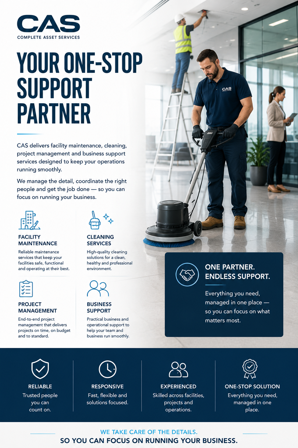CAS team delivering commercial cleaning and facility maintenance in a modern workplace.
