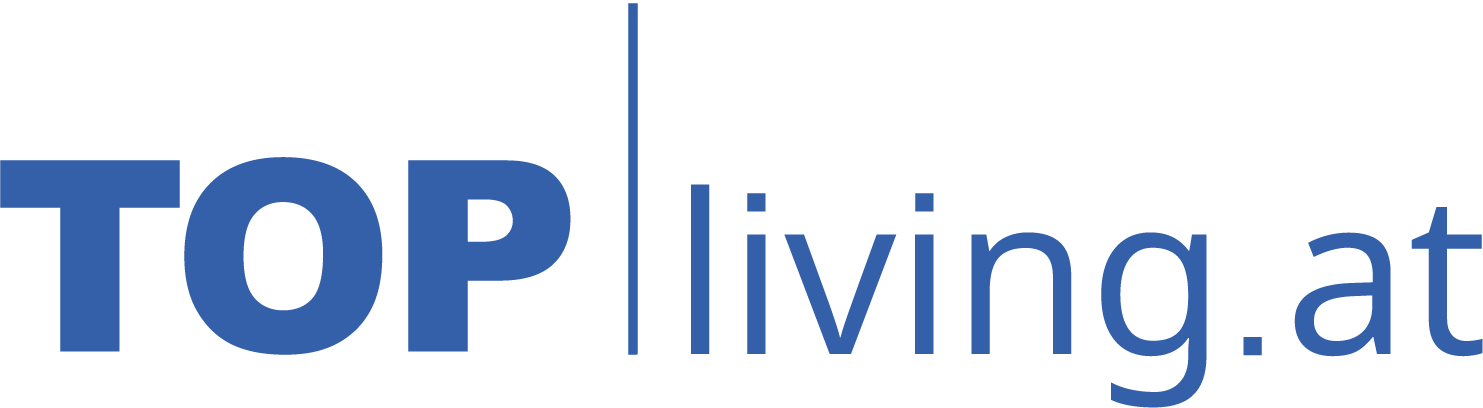 Grafik mit der Aufschrift 'TOP living.at' in blauer Schrift, Hintergrund schwarz.