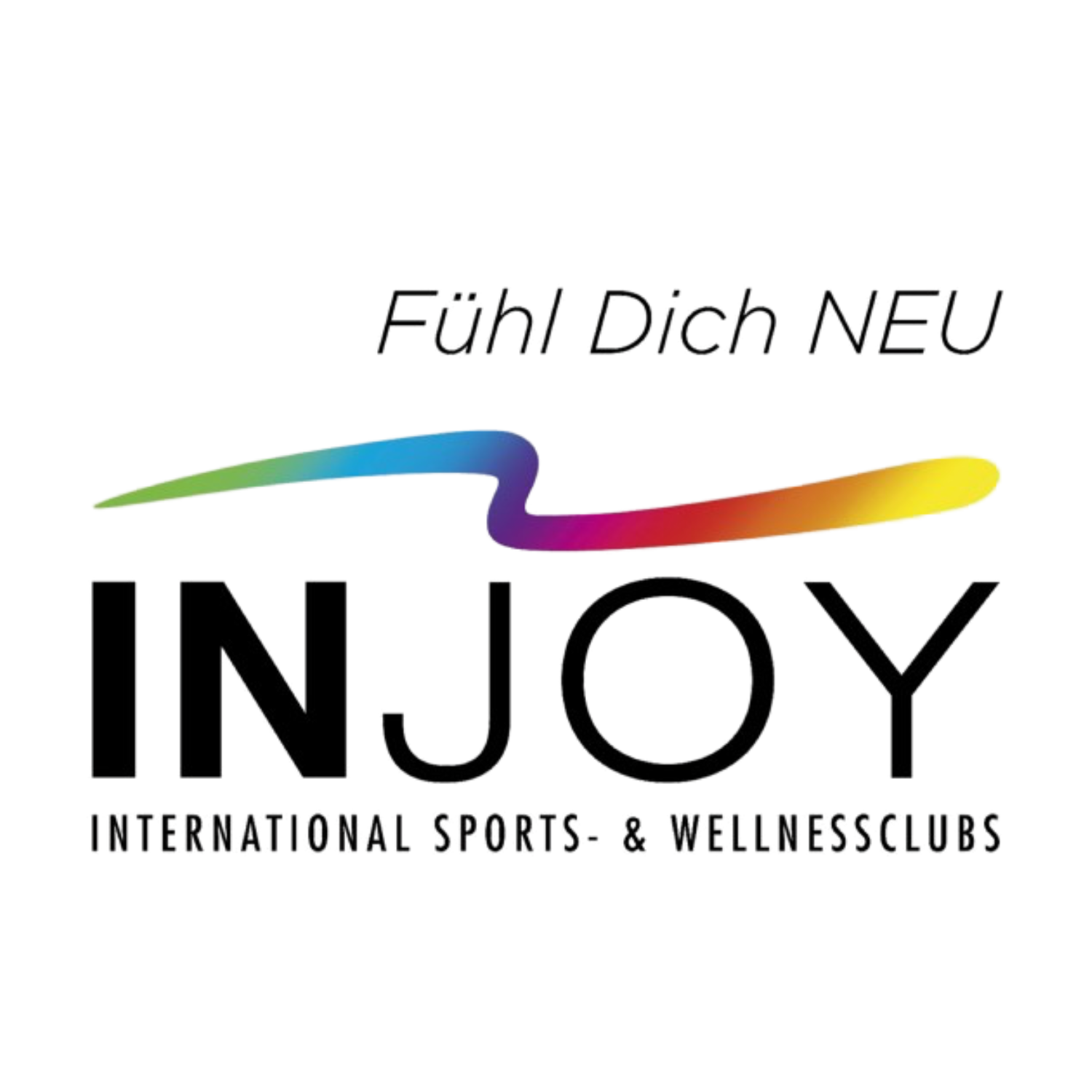 Farbenfrohes Logo mit einem Haifisch, Stadtmotiv und dem Text 'Fühl Dich NEU' und 'INJOY' für Gesundheits- und Wellnessdienstleistungen.