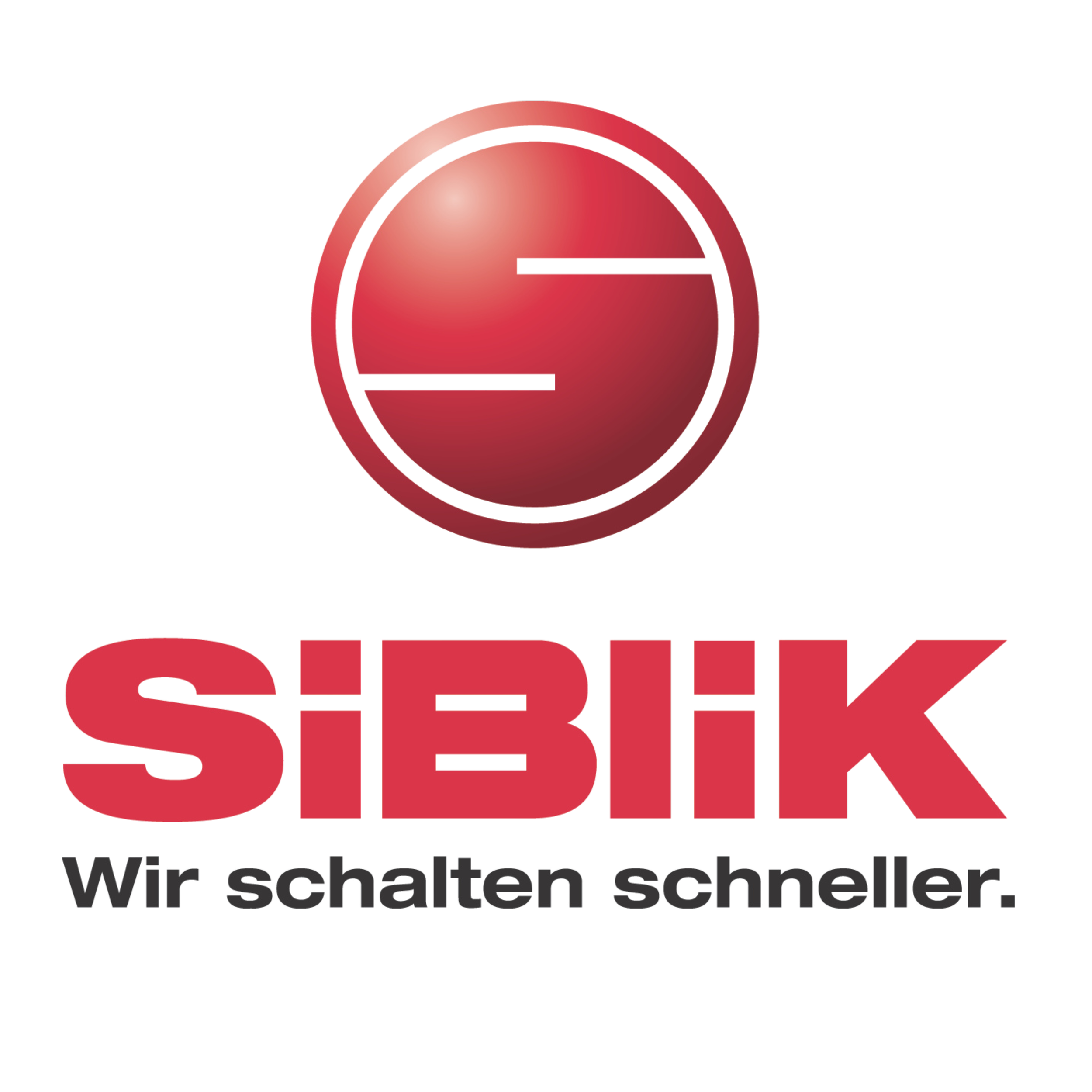 Logo des Unternehmens SIBIK mit einem roten ballähnlichen Symbol und dem Slogan 'Wir schalten schneller' in Deutsch.