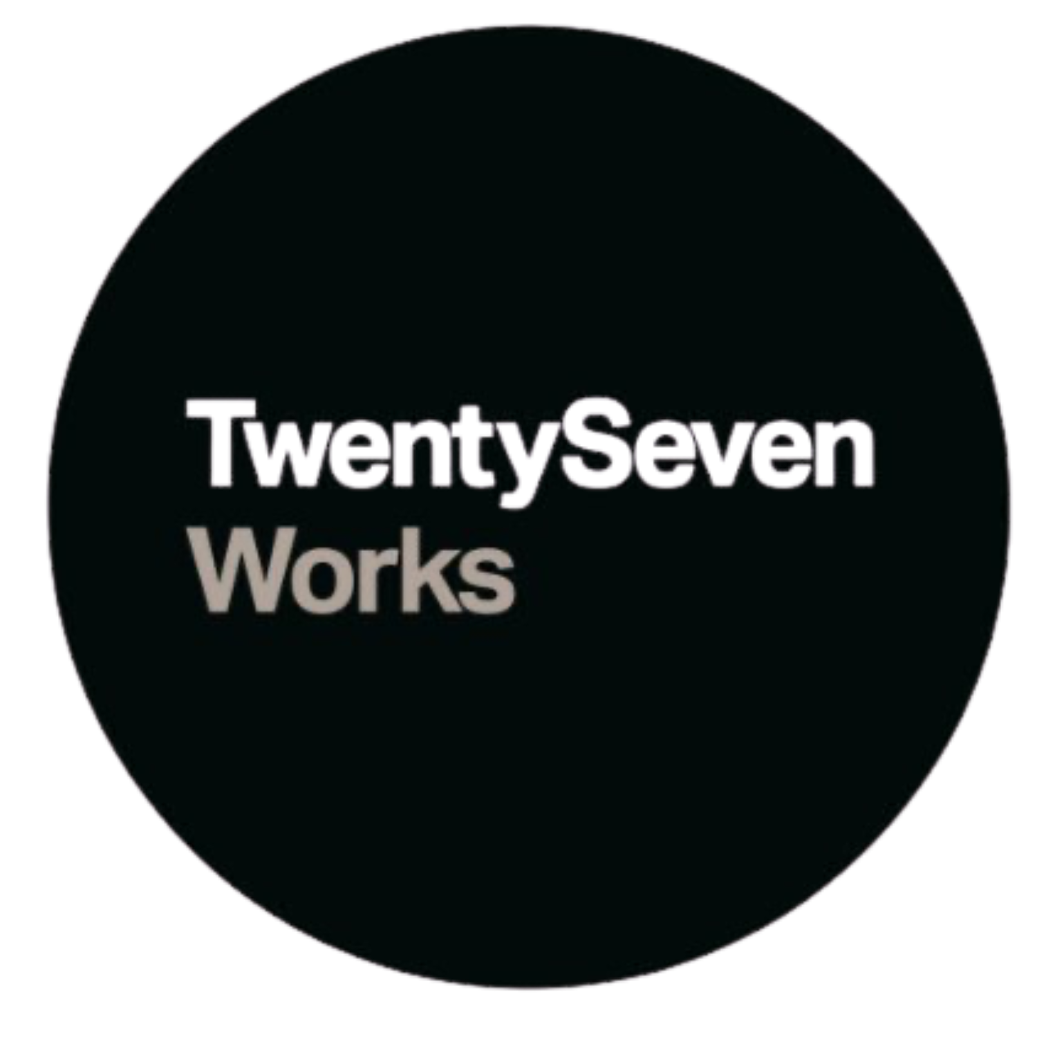 Logo mit schwarzem Hintergrund und den Worten 'TwentySeven Works' in lila und grau