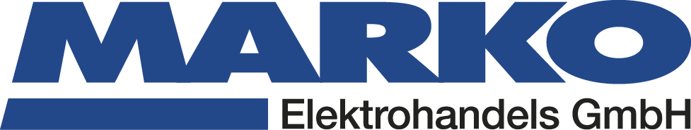 Logo der Firma MARKO Elektrohandels GmbH, bestehend aus großen blauen Buchstaben und schwarzen Untertitel.