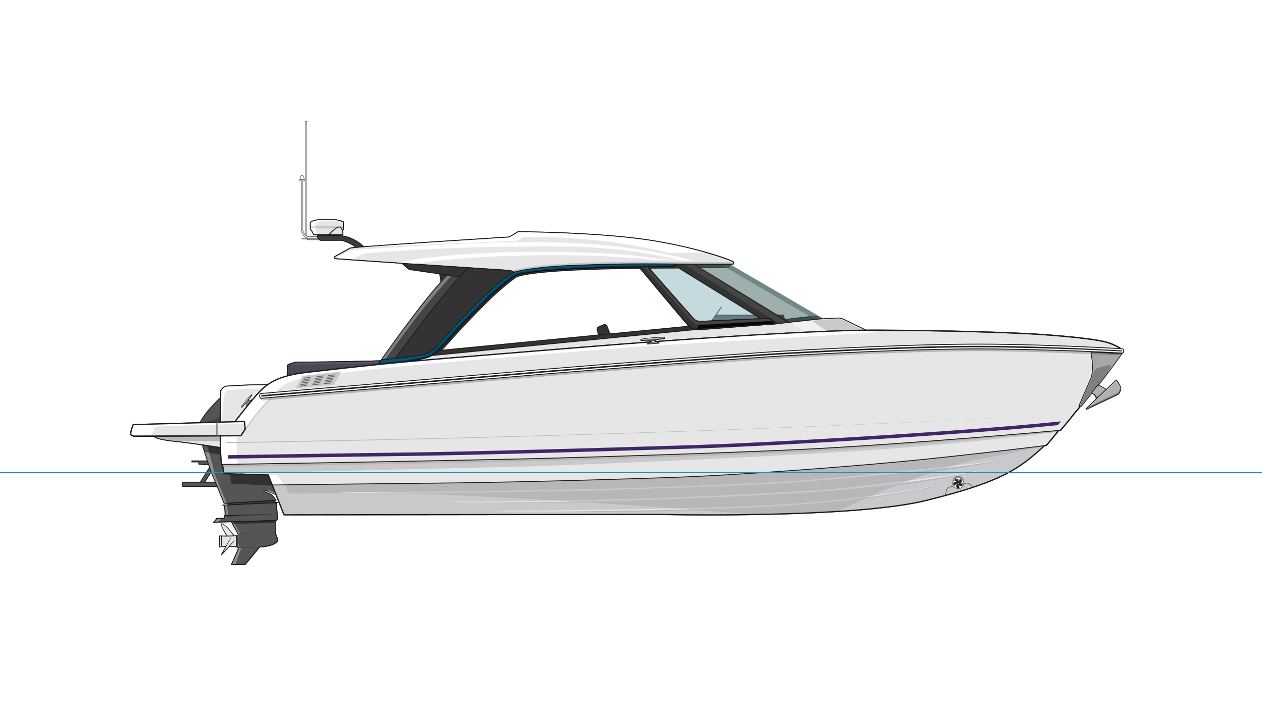 Illustration of a white motor yacht with a black cabin, floating on blue water, with a dark background.