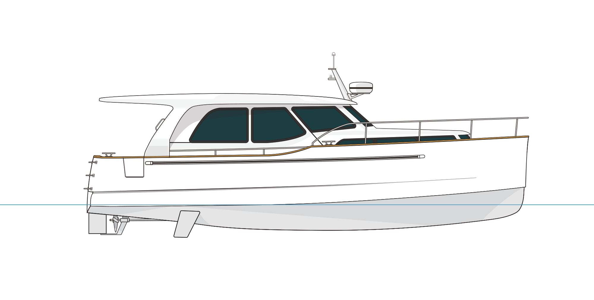 A digital illustration of a white motor yacht with dark windows, a radar, antenna, and safety railing, shown from the side.