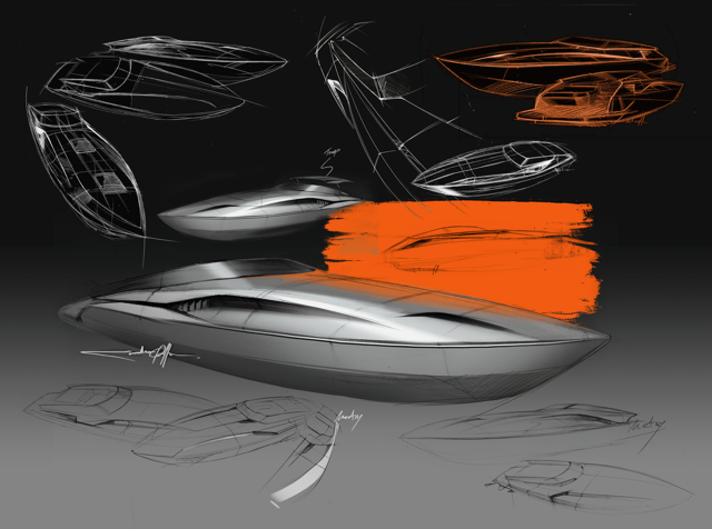 Concept sketches of futuristic boat designs with orange and white highlights on a dark background.