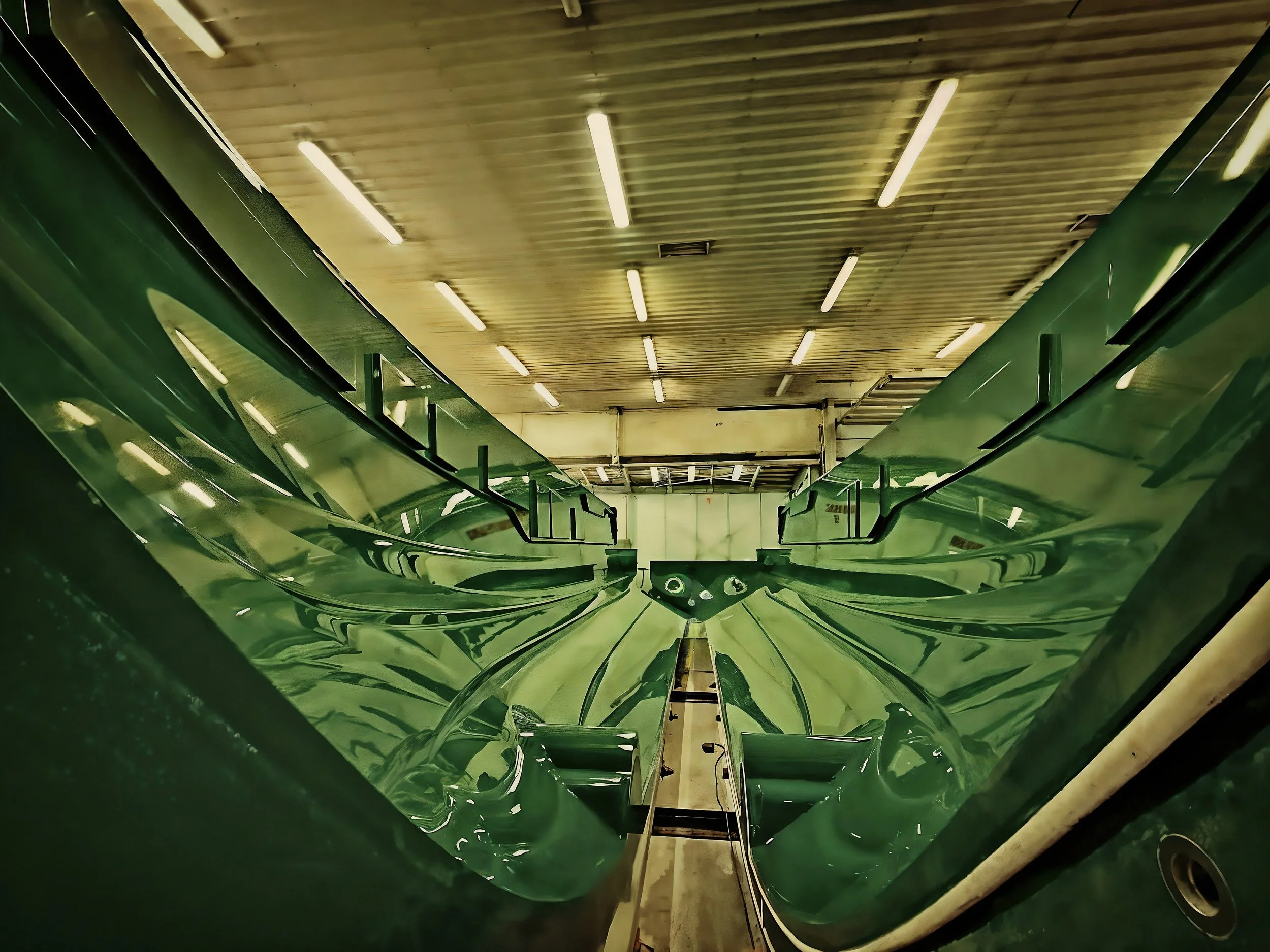 View of a large, metallic green industrial machine inside a warehouse or factory. The machine has a curved, reflective surface and is illuminated by overhead fluorescent lights.