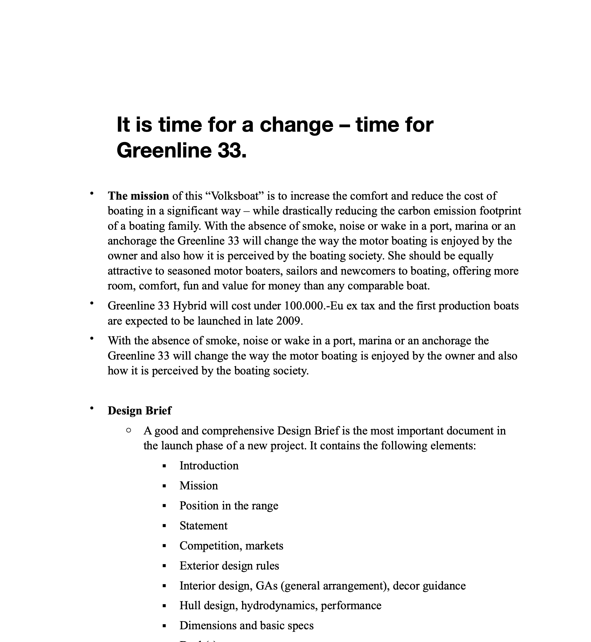 Document titled 'It is time for a change – time for Greenline 33' discussing the mission, features, and design brief of the Greenline 33 boat, including details about its cost, environmental benefits, and design elements.