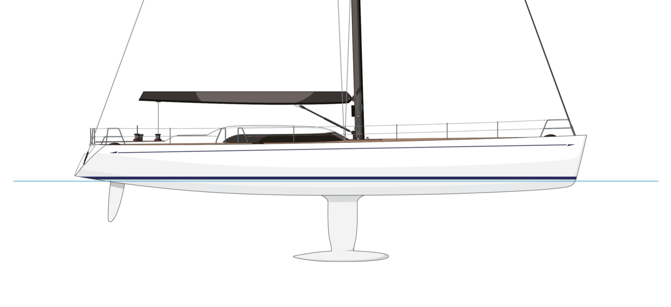 A digital illustration of a sailing yacht with a white hull, black sails, and a black mast, shown side profile against a black background with a blue waterline.