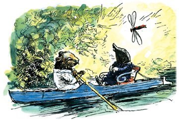 A beaver and a dog in a blue boat paddling on a river surrounded by trees, with a dragonfly flying overhead.