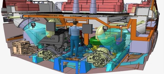 Cutaway illustration of a ship's engine room with machinery, pipes, and a technician inspecting equipment.