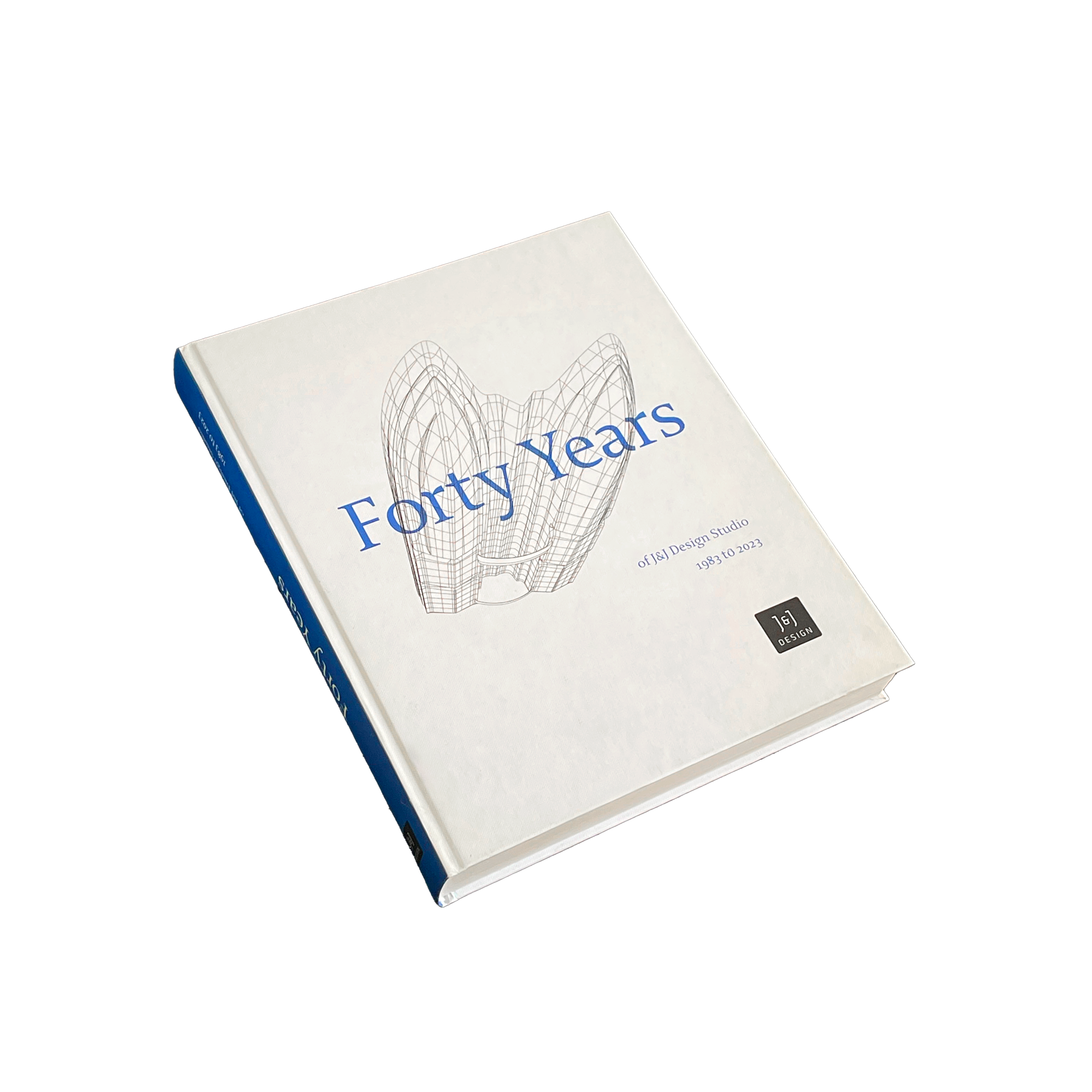 A book titled 'Forty Years of J&J Design Studio 1983 to 2023' with a wireframe architectural drawing of a building on the cover.