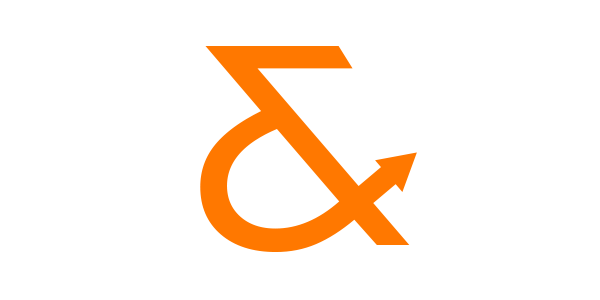 Logo for R&D with a black background, white letters R and D, and an orange ampersand with an arrow integrated into its design.