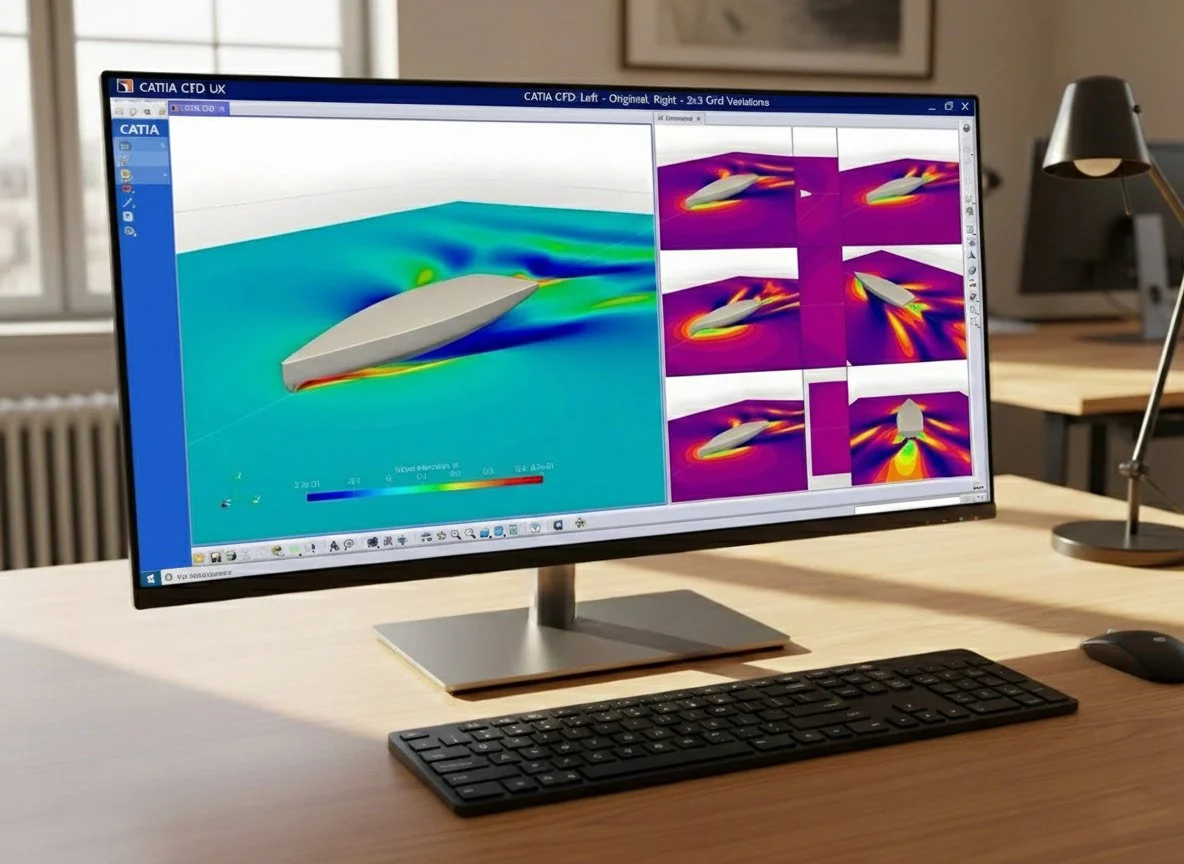 Computer monitor displaying CFD simulation of a boat hull showing water flow and pressure distribution in different colors and angles.