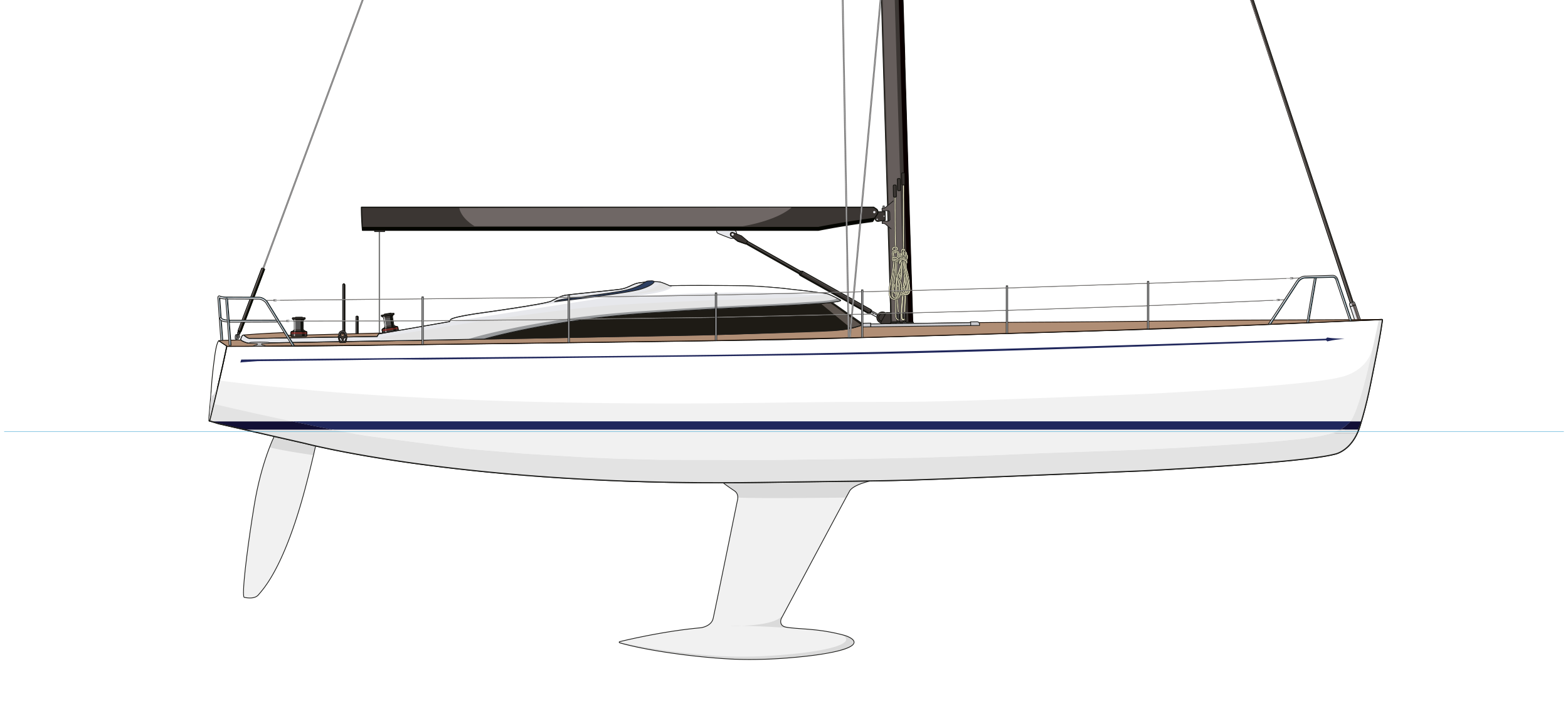 Digital illustration of a sailboat viewed from the side against a black background, showing the hull, deck, mast, and sails.