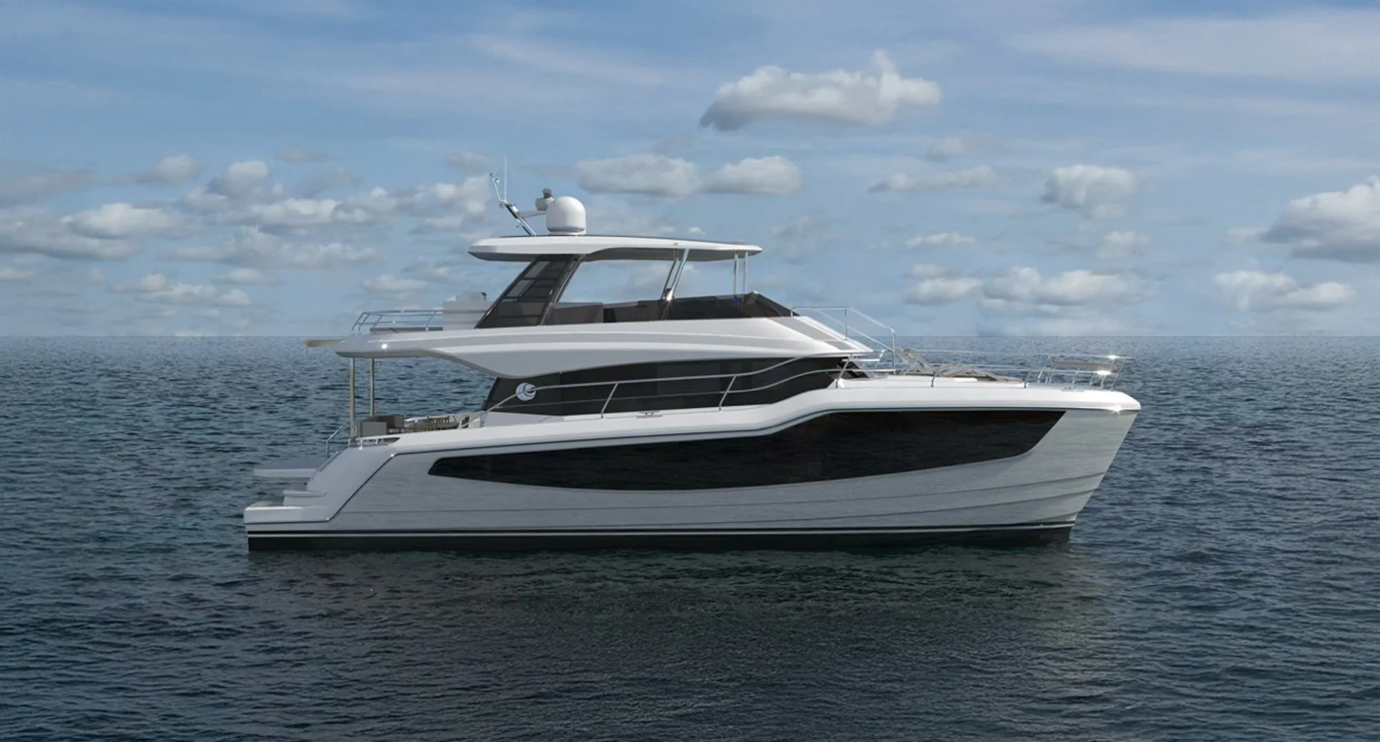 A modern luxury yacht sailing on the ocean under a partly cloudy sky.