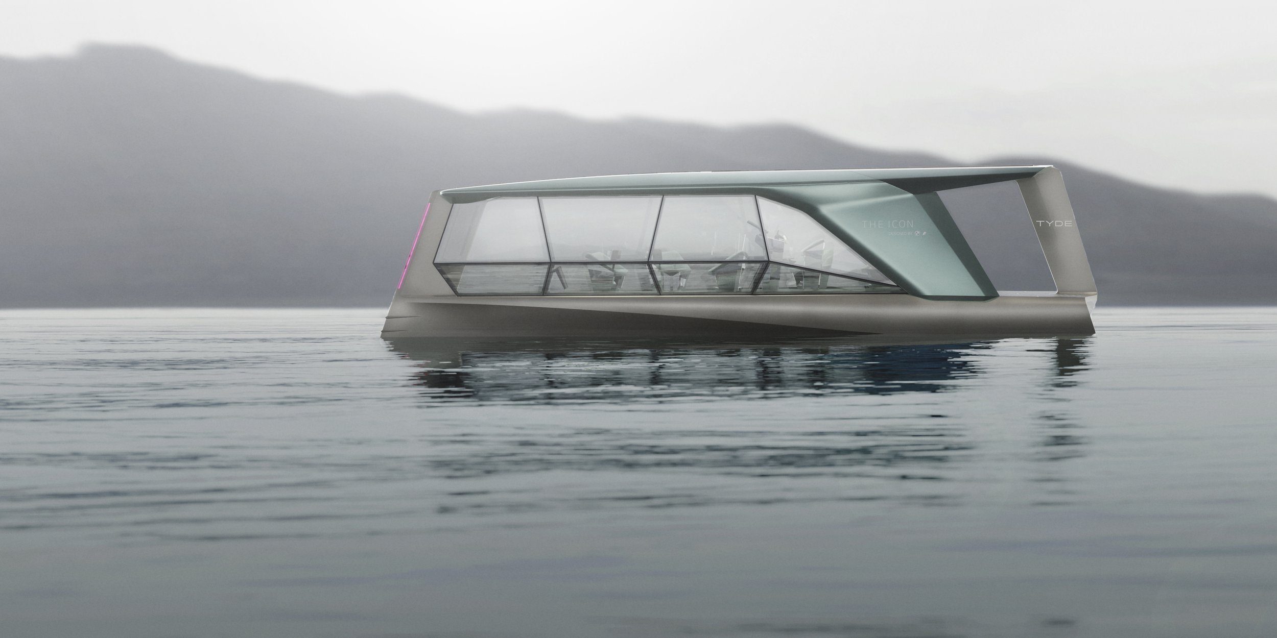A futuristic floating yacht with glass walls and sleek design, on calm water with mountains in the background.