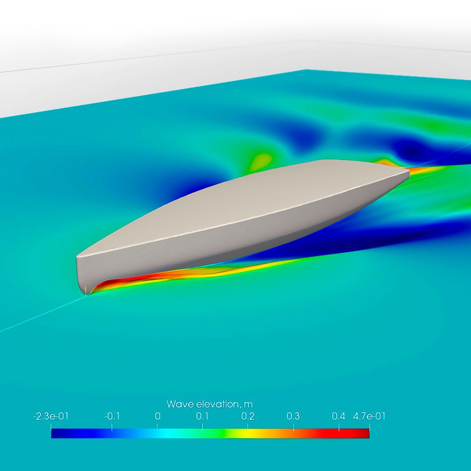 Computer simulation of a boat moving through water, showing wave elevation patterns with color coding indicating wave height.