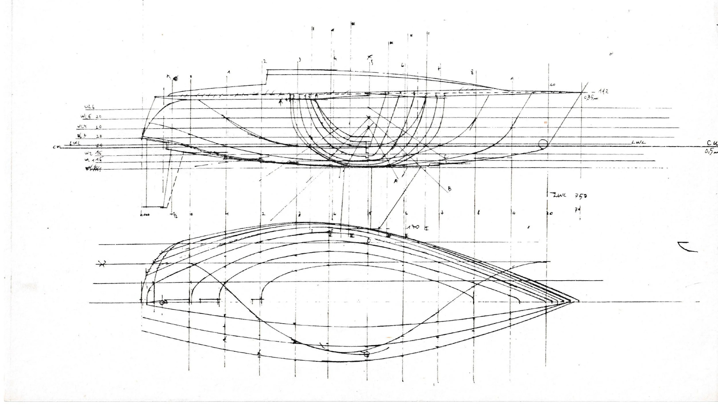 A detailed technical drawing or blueprint of a vehicle, possibly a car, showing multiple views with measurements and annotations.