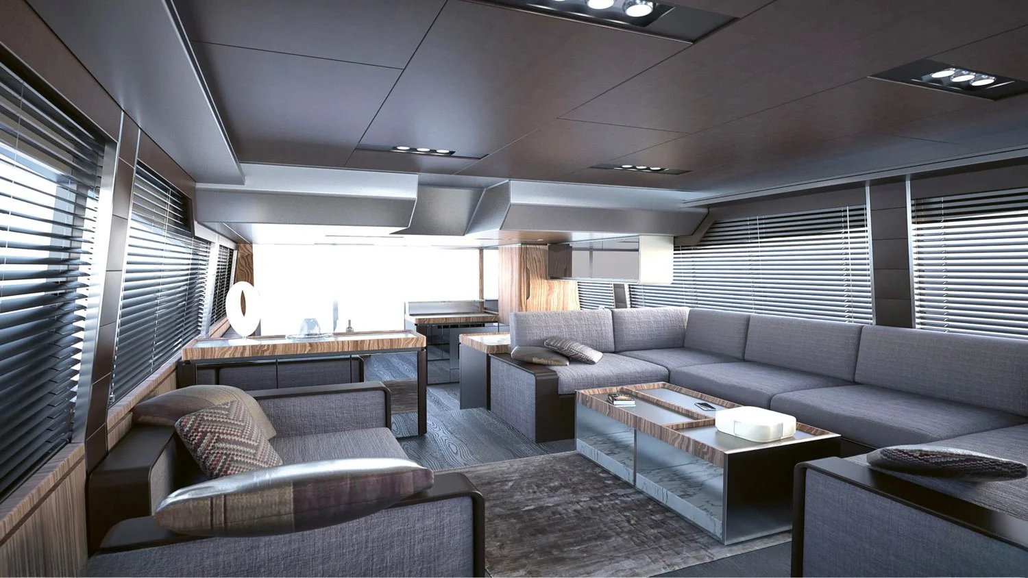 Modern living room with large gray sectional sofa, wooden coffee table, armchair with cushion, and horizontal blinds on windows, decor includes geometric planters and lamps.