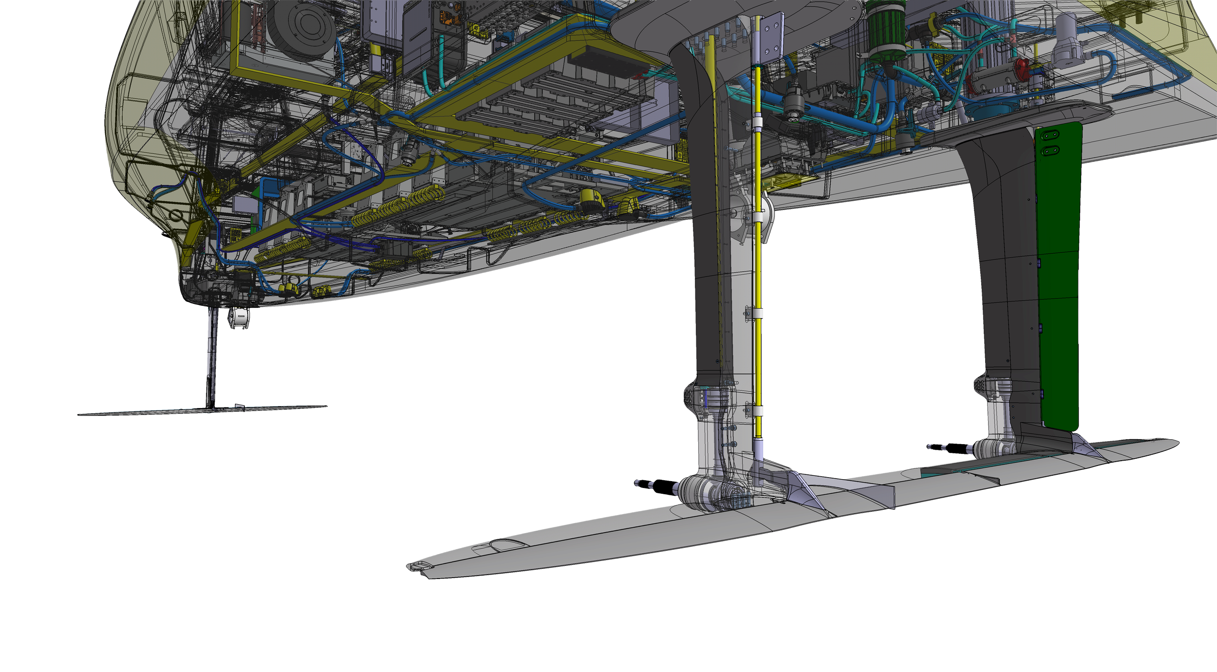Side view of a spacecraft's landing gear system with complex mechanical and hydraulic components, depicted in a technical CAD illustration.