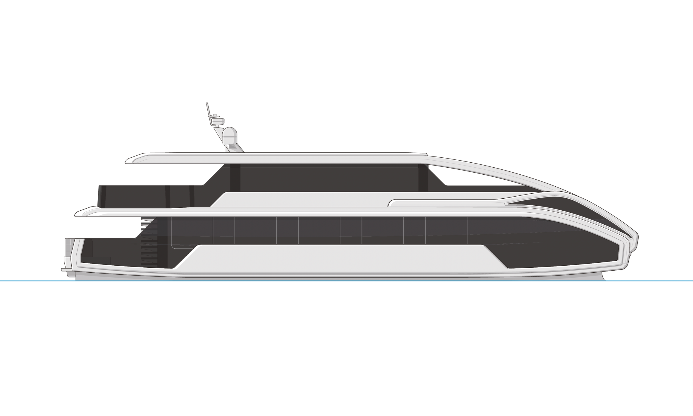 Side view of a modern luxury yacht with a white and black color scheme, featuring multiple decks and a streamlined design.