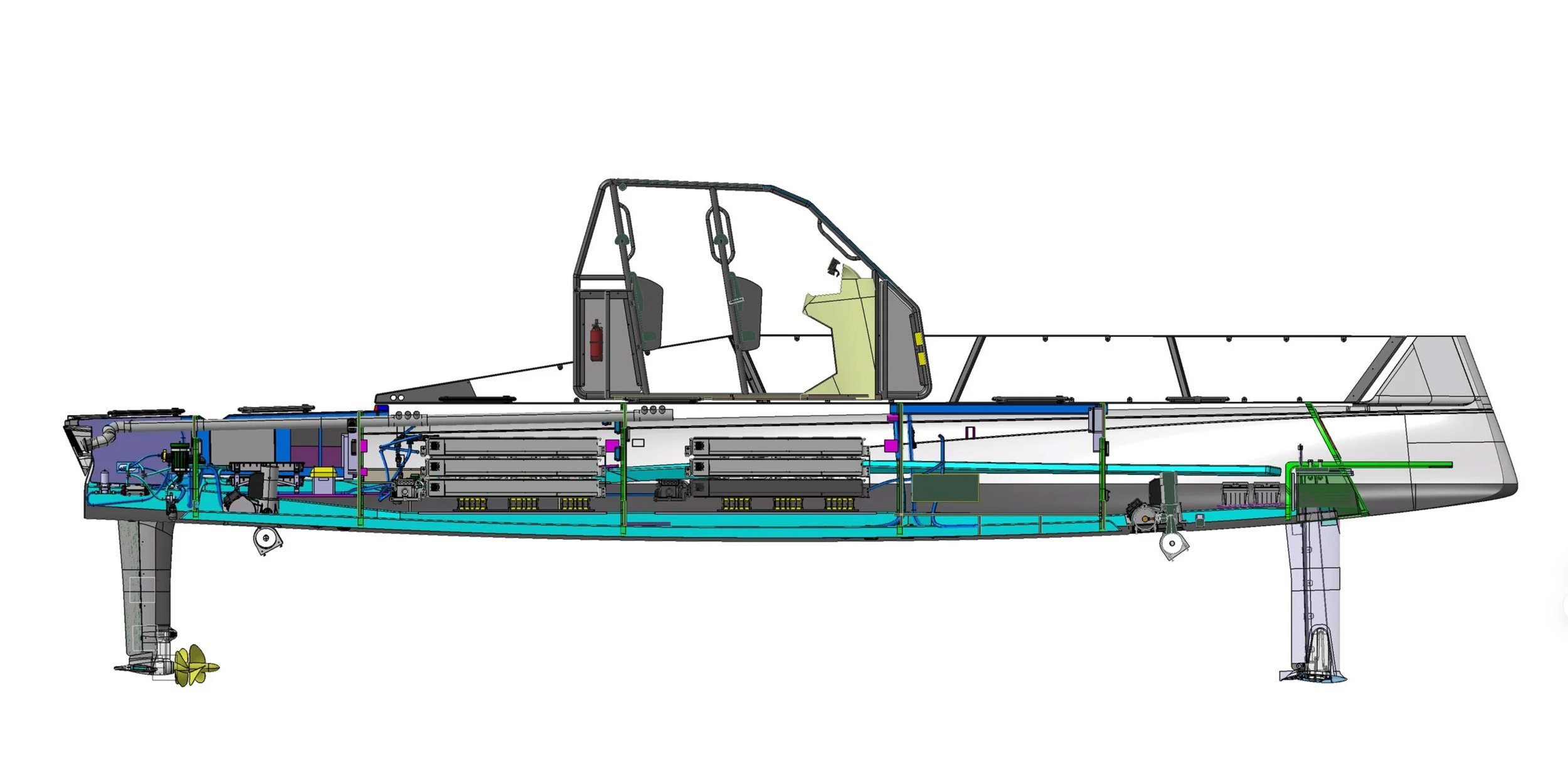 A technical drawing of a small aircraft showing internal components, cockpit, seats, and supporting structures.