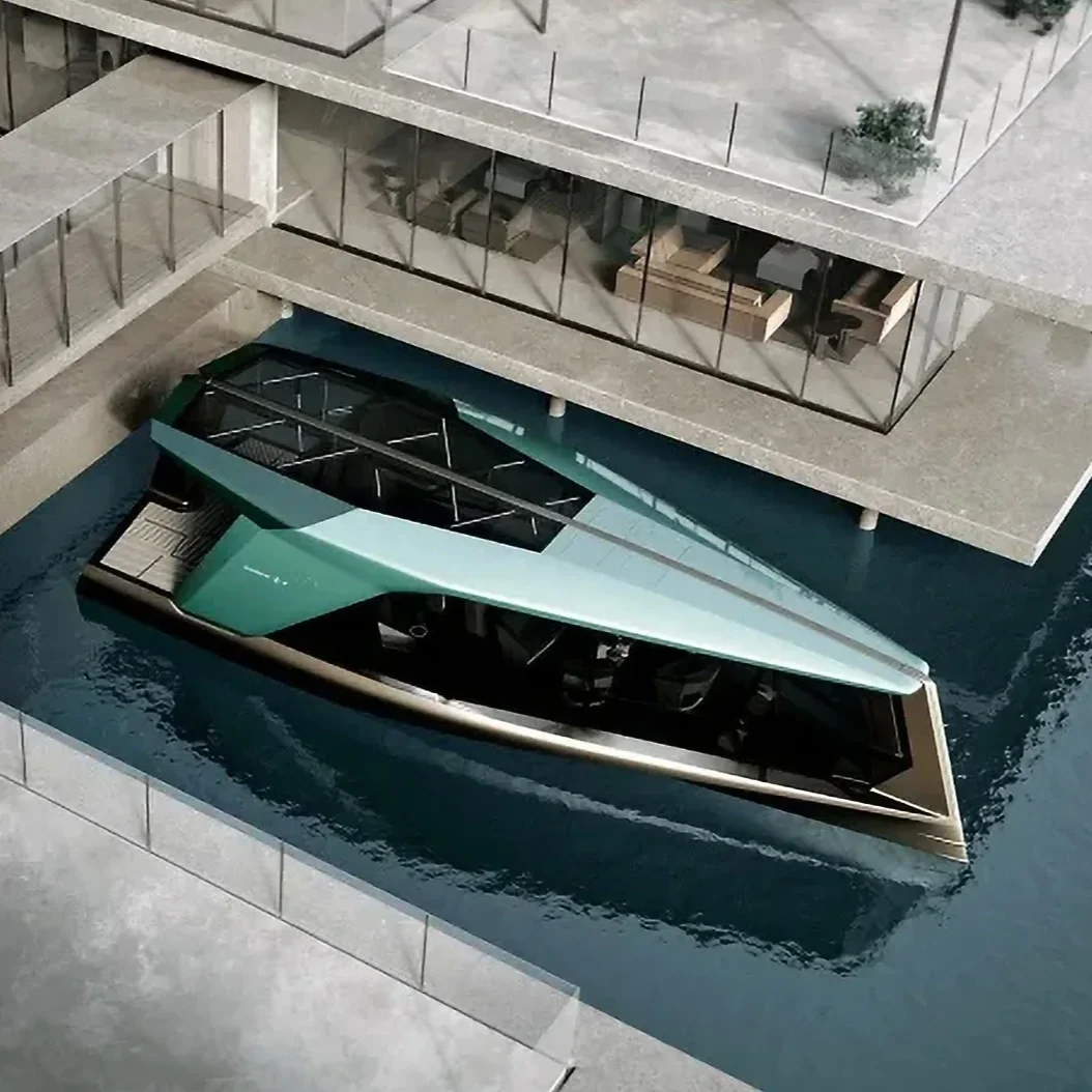 A modern building with glass walls next to a turquoise yacht docked in a marina.