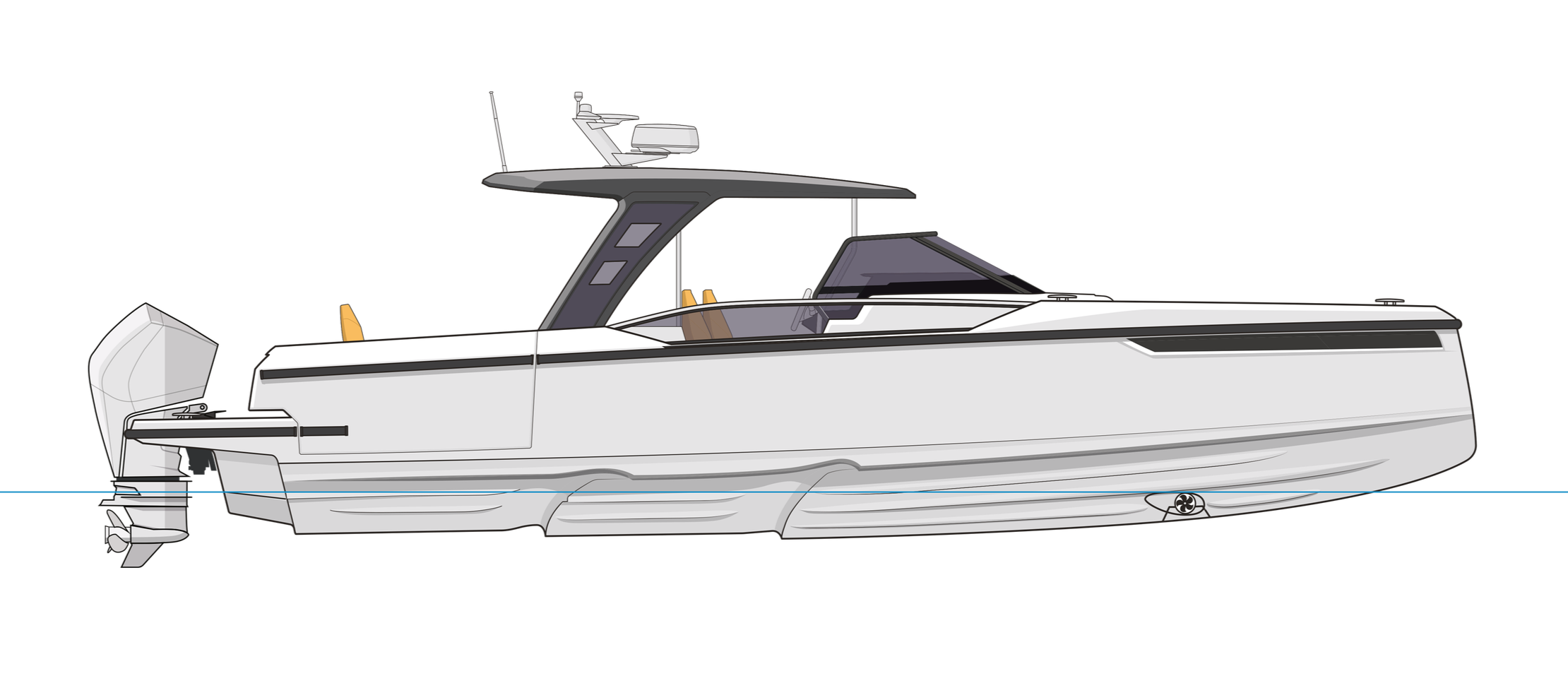 Diagram of a modern motor yacht showing its hull, deck, cabin, and propulsion system below the waterline.