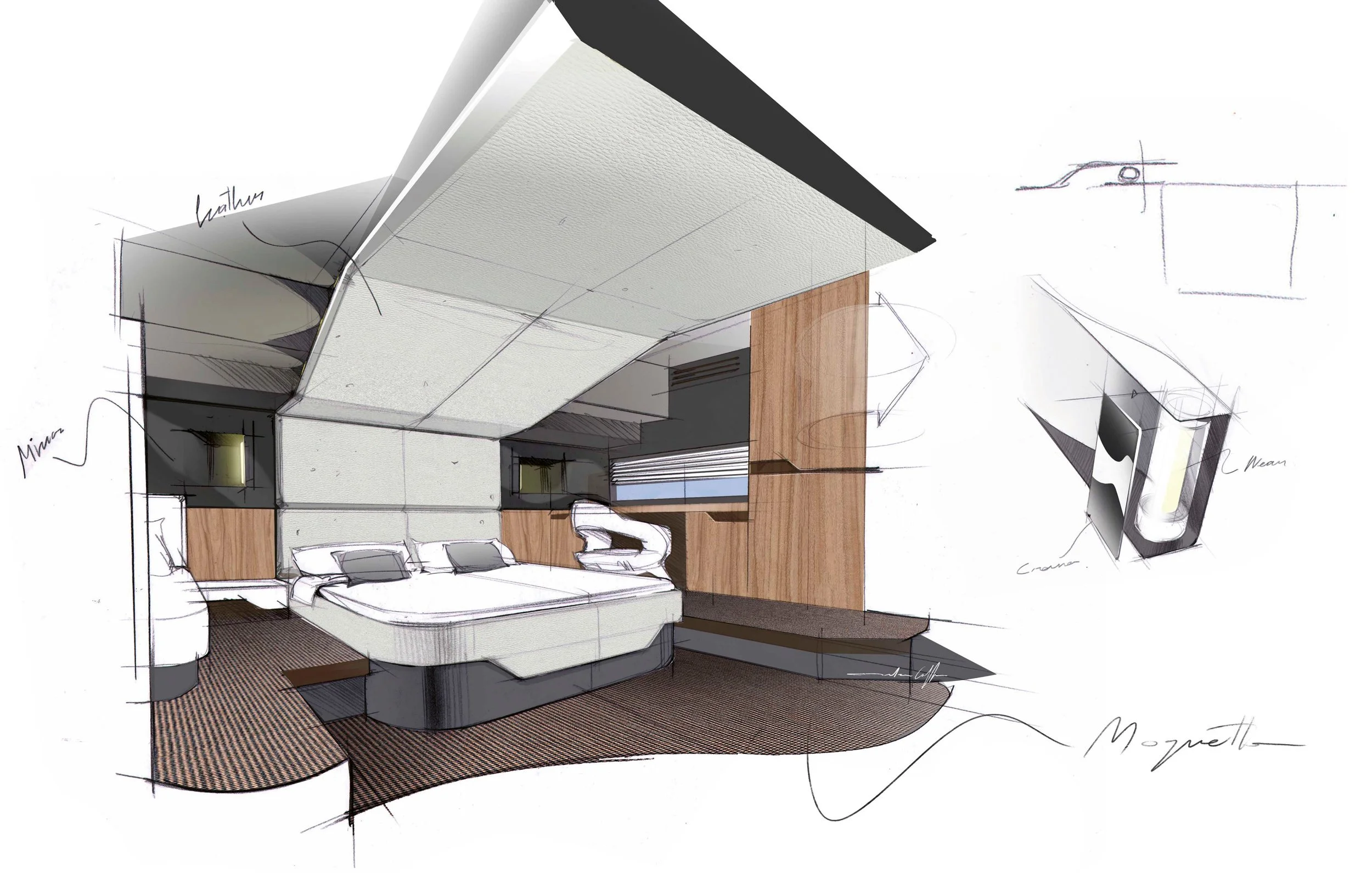 Sketch and 3D rendering of a modern bedroom interior design with a bed, wooden panel walls, mounted lights, and ceiling details, including handwritten notes and rough sketches.