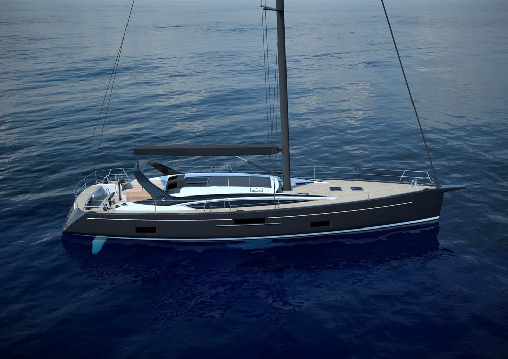 A sleek black and white sailboat on calm open water.