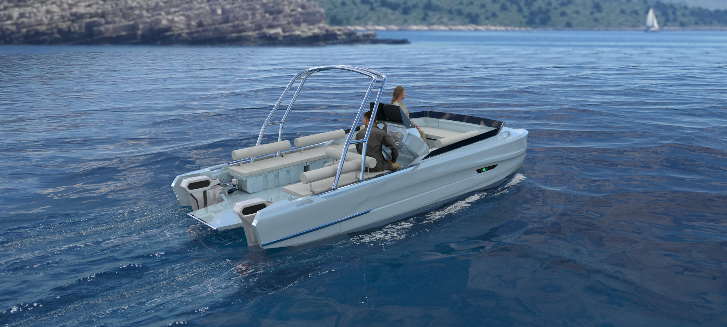 A modern white motorboat with two people on board, cruising on a calm blue lake near a rocky shoreline with a sailboat in the background.