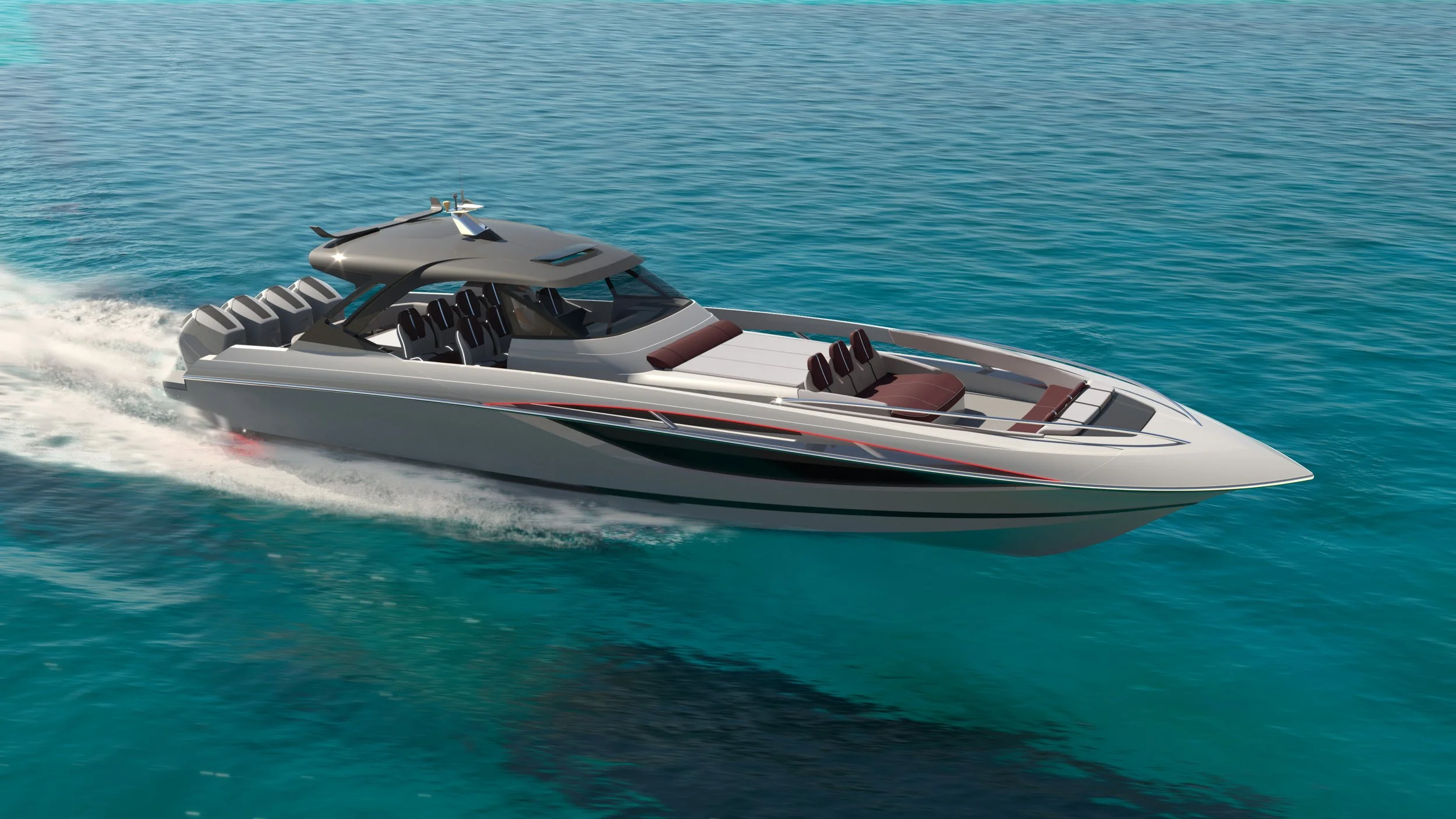 A sleek yacht cruising through clear blue water.