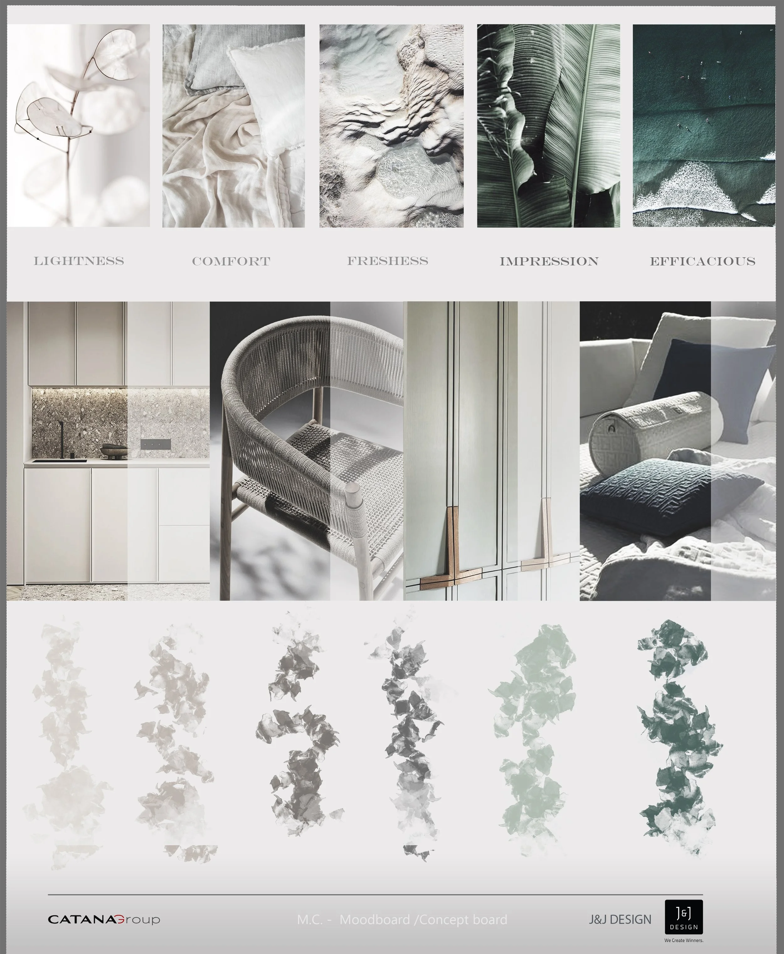 A mood board showcasing neutral, calming aesthetic themes with images and textures labeled as lightweight, comfort, freshness, impression, and efficacious. It includes images of textiles, natural materials, furniture, and a bed with pillows.