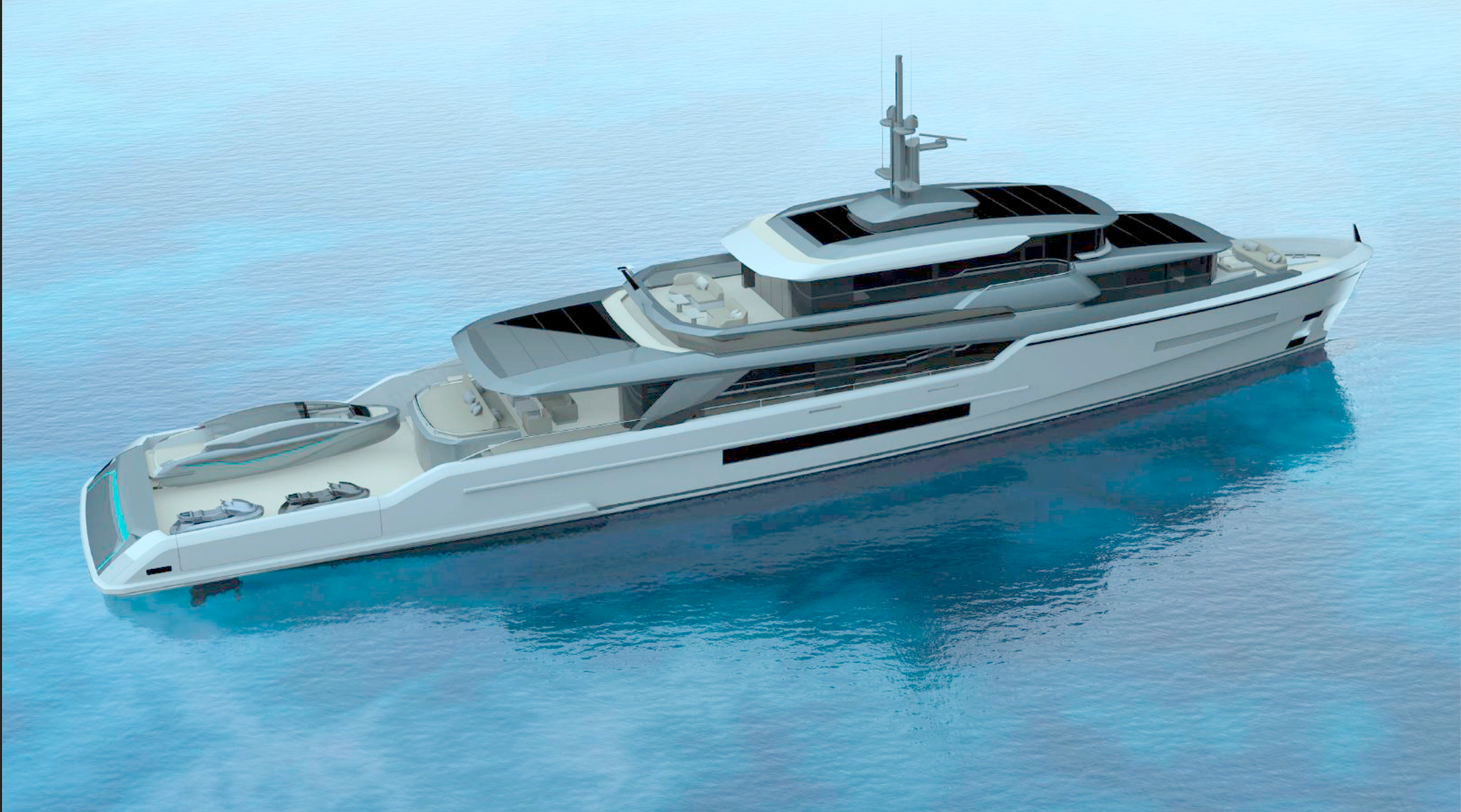 A luxury yacht sailing on calm blue water with a sleek modern design.