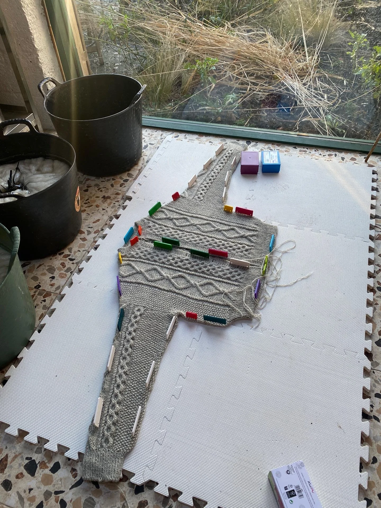 Blocking is underway! #dagmarjacket @petiteknit in my BFL/Gotland Aran weight undyed ❤️✨