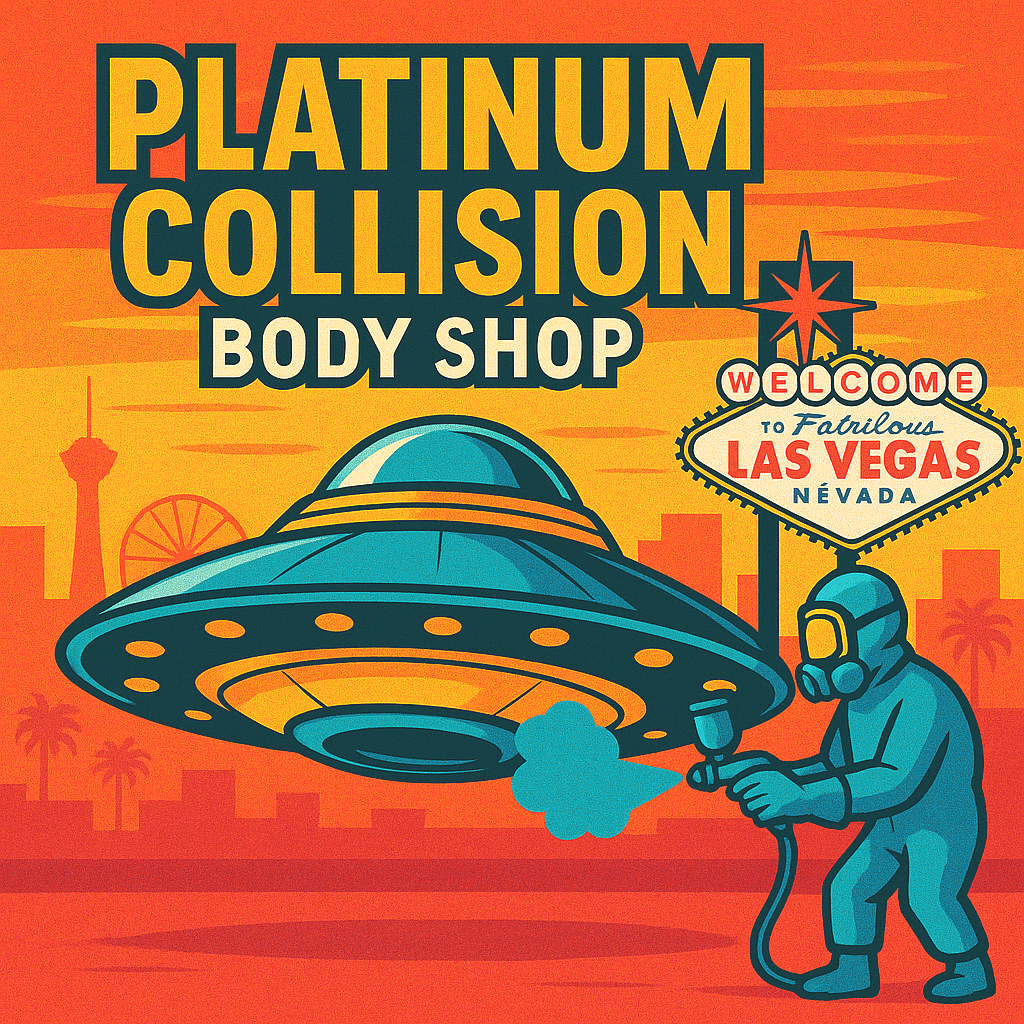 “Platinum Collision Las Vegas auto body and paint shop logo featuring UFO and Vegas skyline”