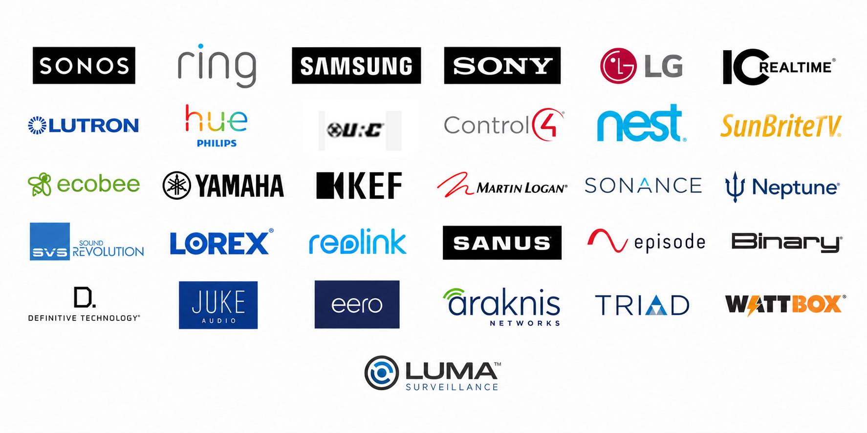 Smart home, audio, video, lighting, networking, and security brands installed by Precision Smart Home.